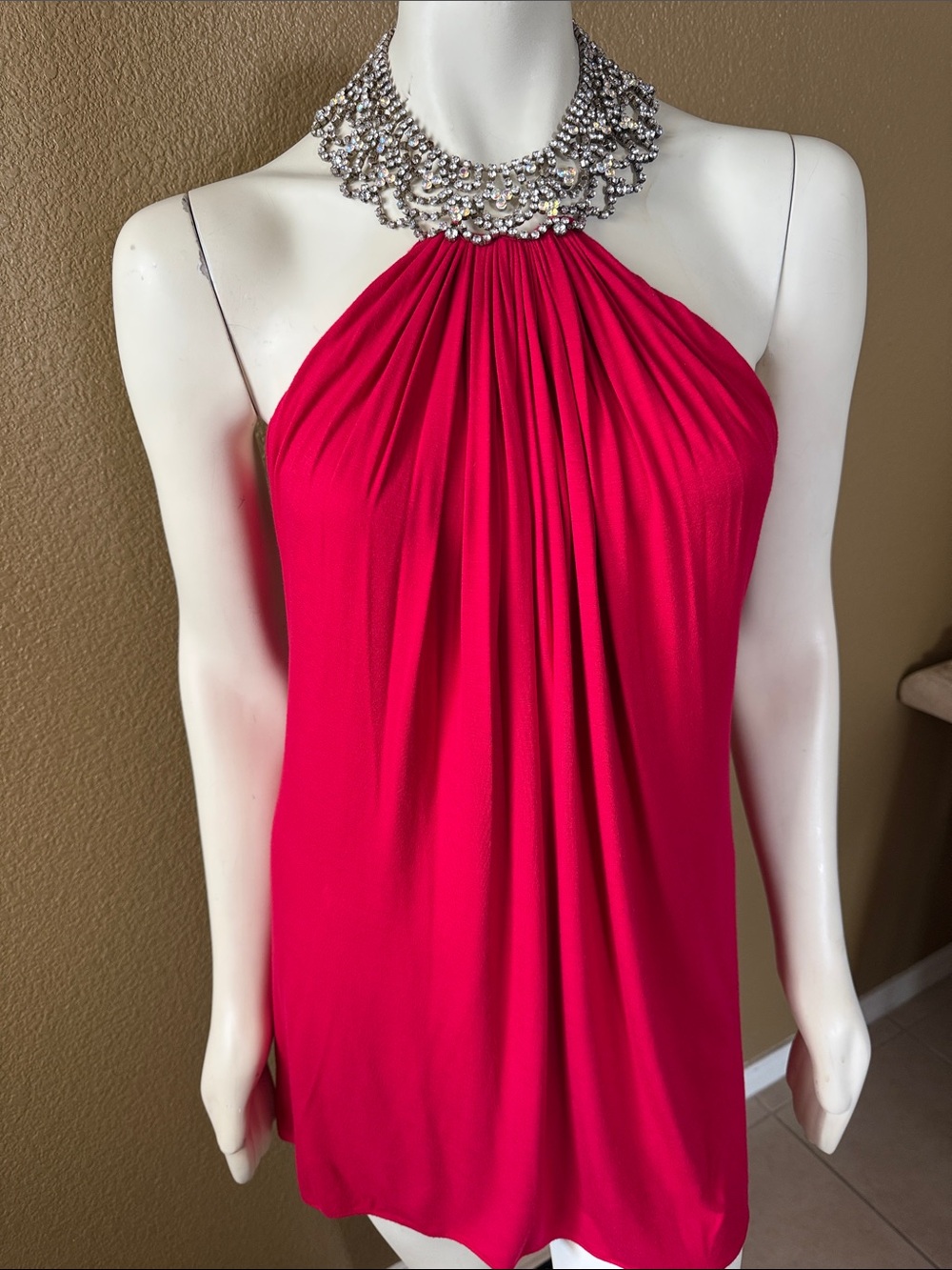 Sky Hot Pink Halter Mini Dress with Embellished Necklace